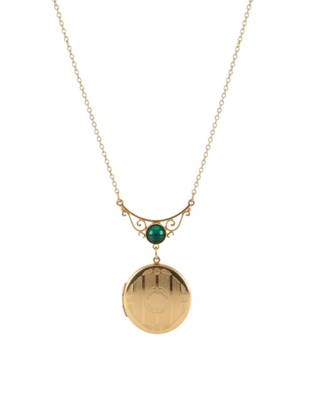 Vintage Gold-Tone Locket Necklace with Green Stone Pendant Victorian - SKU G